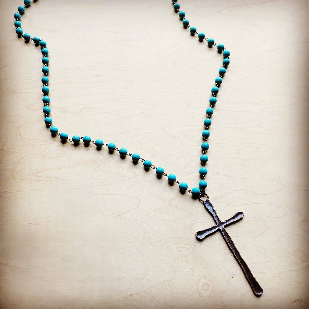Turquoise Beaded Necklace Antique Copper Cross Long